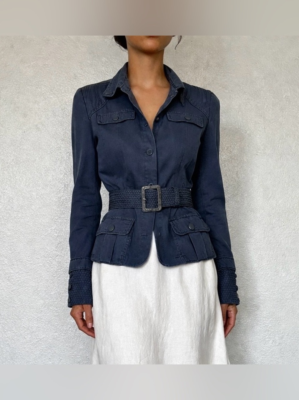 Vintage European Silk Deep Slate Blue Belted Utility Jacket Luxury Rare XS/S